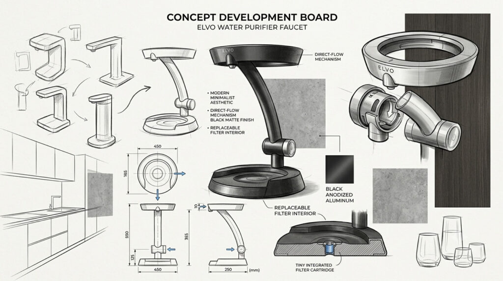 Water Purifier Faucet 2 직수형 정수기 파우셋의 노즐과 조작부를 표현한 제품디자인 콘셉트 스케치